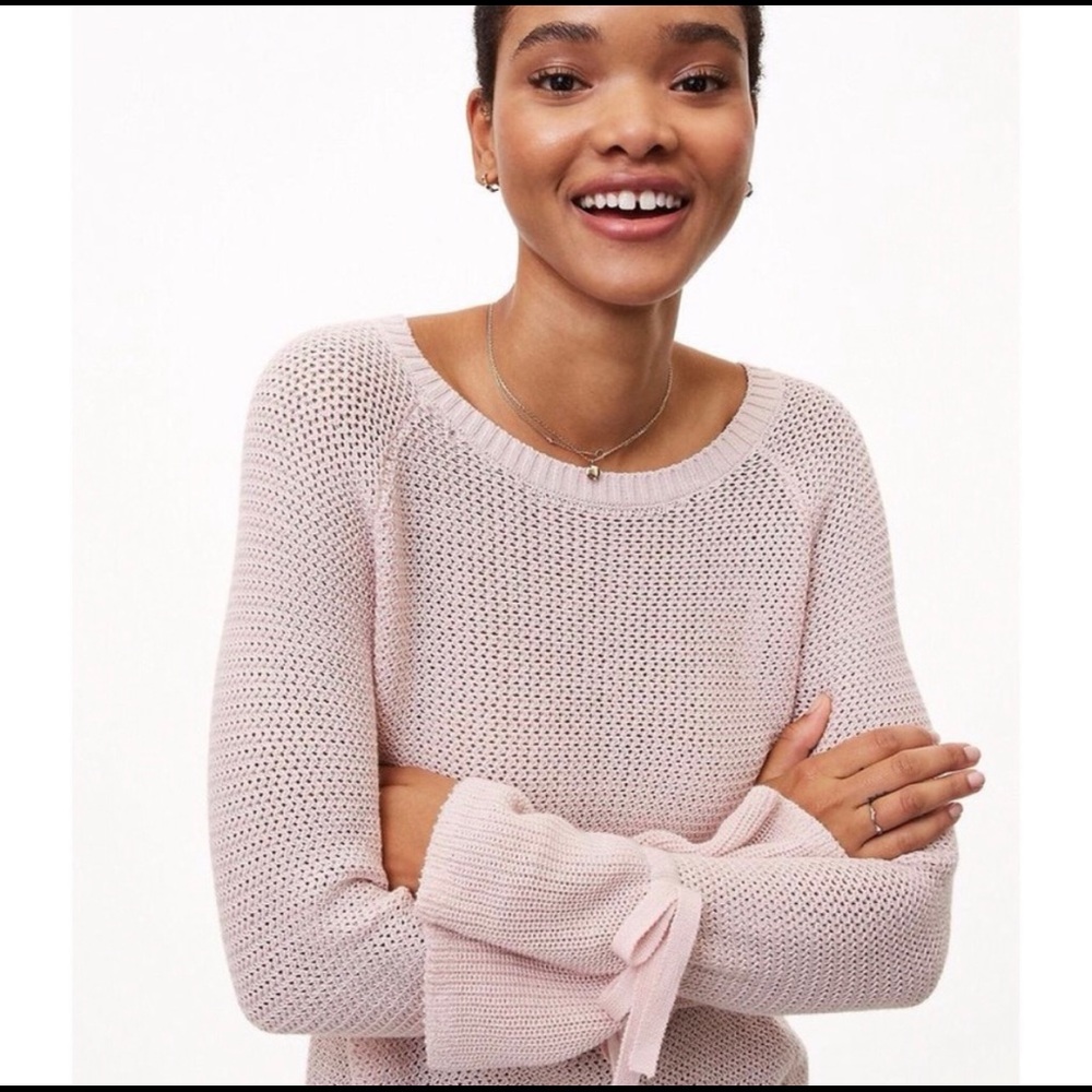 NWOT LOFT Pink Bell Sleeve Bow Tie Cuff Sweater